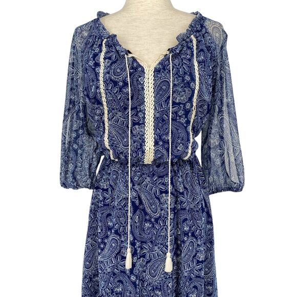 PERSEPTION CONCEPT Paisley Embroidered Tasseled Open Sleeve Sheath Dress Small - Picture 2 of 6